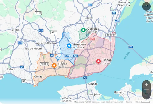 Mapa dos concelhos servidos: Amadora, Lisboa, Oeiras e Odivelas